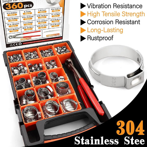 360 Piece Ear Hose Clamp Kit With Stepless 5.3 To 36.1mm Range, 304 Stainless Steel Cinch Rings, Pliers, And Portable Toolbox