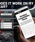 Hand holding phone showing compatibility check for Beast OBD2 Scanner With Battery Tester Engine Code Reader Live Data Oil Reset Car Diagnostic Tool For Most Vehicles Bluetooth Compatible With Americas Top Car Repair Apps