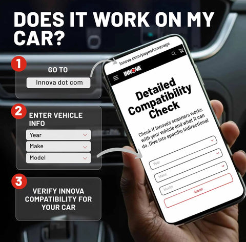 Hand holding phone showing compatibility check for Beast OBD2 Scanner With Battery Tester Engine Code Reader Live Data Oil Reset Car Diagnostic Tool For Most Vehicles Bluetooth Compatible With Americas Top Car Repair Apps