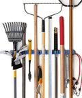 9 Slot Wall Mounted Garden Tool Rack With 6 Hooks In Blue Steel, holding rakes and tools, space saving organizer for shed or garage.