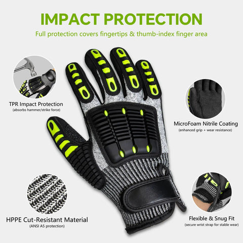 Heavy Duty Work Gloves For Men With ANSI Cut Level A5 Protection, TPR Knuckle Guards and Nitrile Coated Palm