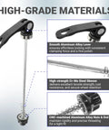 Quick Release Skewer Front And Rear Wheel Axles for Mountain, Road, BMX Bikes, shown with aluminum alloy lever and steel skewer