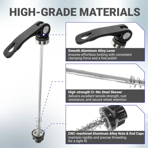 Quick Release Skewer Front And Rear Wheel Axles for Mountain, Road, BMX Bikes, shown with aluminum alloy lever and steel skewer