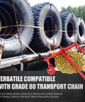 Heavy Duty Ratchet Chain Binder Set 2 Pack 3/8 to 5/16 Inch G80 Chain 10 Foot Long 4900 Lbs Working Load Limit Hauling Tie Down for Flatbed Truck Trailer displayed with tires.