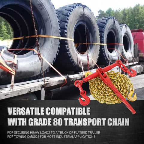 Heavy Duty Ratchet Chain Binder Set 2 Pack 3/8 to 5/16 Inch G80 Chain 10 Foot Long 4900 Lbs Working Load Limit Hauling Tie Down for Flatbed Truck Trailer displayed with tires.