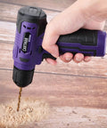 150 Piece Household Tool Set With 8V Cordless Drill Driver Kit in use on wooden surface.