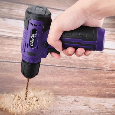 150 Piece Household Tool Set With 8V Cordless Drill Driver Kit in use on wooden surface.