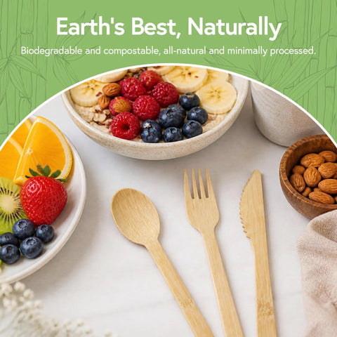 Your Go To 100 Percent Bamboo Utensils Set With 50 Forks, 25 Spoons, 25 Knives, Compostable, Biodegradable, Plastic Free Utensils