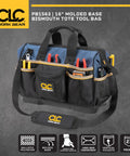 16 Inch Molded Base BigMouth Tote Tool Bag For Pros with tools in pockets, 1680D polyester, water resistant, molded base.