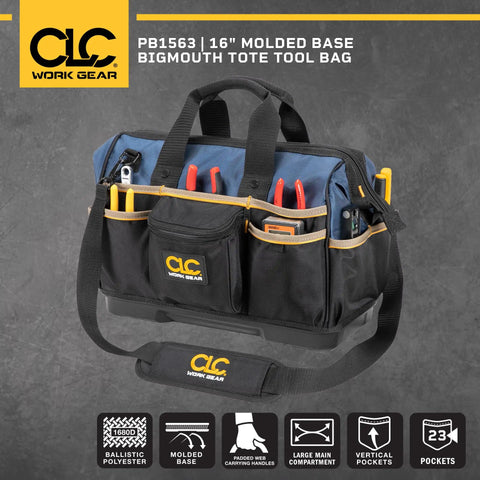 16 Inch Molded Base BigMouth Tote Tool Bag For Pros with tools in pockets, 1680D polyester, water resistant, molded base.