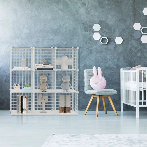 Freely Combinable 12 Cube Wire Storage Organizer Shelf For Books, Toys, Crafts, Plants and Pets White Metal Grid Cubes in a kid's room