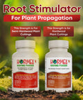 Rooting Hormone Powder For Plant Cuttings 0.80-1.60% IBA, Semi-Hardwood Starter, Speeds Up Root Growth For Any Plant Varieties, Ready-To-Use Pack For Faster Rooting Results In All Plant Types. Two white bottles on garden background.