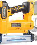 Cordless Brad Nailer Built Tough For Long Shifts With No Sweat with magazine, screws, and brads for quick trim work.