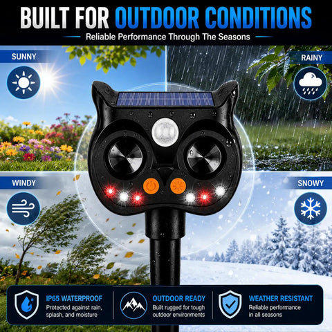 Solar Ultrasonic Animal Repeller With LED Strobe, Motion Sensor, And Adjustable Volume For Yard Deterrence Against Deer, Cats, Skunks, Squirrels, Raccoons Fortress Pro 4 Pack, waterproof outdoor view