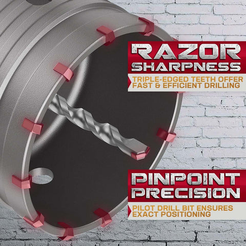 Concrete hole saw disc with spiral cutting edge, metal body and red edge clips, 110mm diameter.