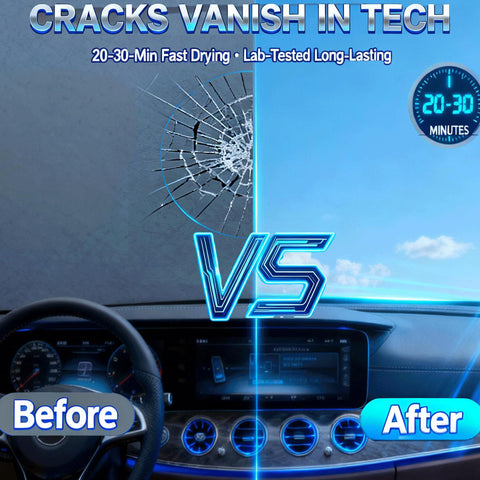 Before and after using Windshield Chip And Crack Repair Kit, 2 Piece Car Glass Repair Set With Nano Fluid, dashboard view.