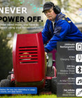 Man wearing Gel Ear Pads Bluetooth Headphones 6.0 for hearing protection while mowing with specs showing 120 hours playtime.