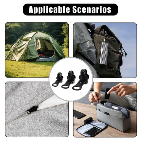 Universal Zipper Repair Kit 9 Pack With Small Medium Large Sliders And Three Zipper Pulls Per Size For Jackets Backpacks Coats Tents Luggage And Bags Black Durable Metal Pulls Included For Easy Replacement On Gear shown in use on tent, bag, jacket, and pouch.