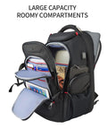 Go-To Travel Laptop Backpack 17.3 Inch XL With Hard Shell Saferoom And RFID Pockets Water-Repellent Business Daypack showing open compartments filled with items