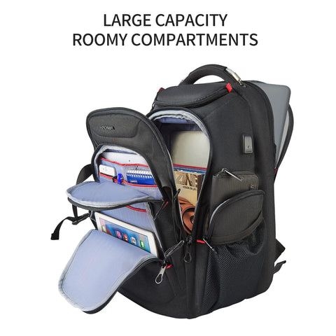 Go-To Travel Laptop Backpack 17.3 Inch XL With Hard Shell Saferoom And RFID Pockets Water-Repellent Business Daypack showing open compartments filled with items