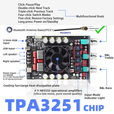 Beefy 440W Dual Channel Audio Amplifier Board With Treble And Bass Control, Dual TPA3251 Chips, DC 13 To 36V, Bluetooth 5.2 And AUX Inputs