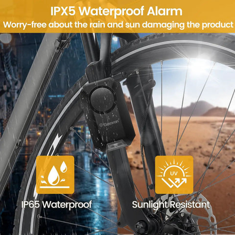 Wireless Bike Alarm With Remote For Your Ride, 135dB Anti Theft Security Alarm installed on bike, IPX5 waterproof feature shown