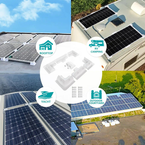 Easy Install No Drill RV Solar Panel Roof Mount Kit, 7 Piece White Brackets For Caravans And Campervans, Quick Set Up With Tape Or Sealant And Screws For Extra Hold, shown on RV and yacht roofs