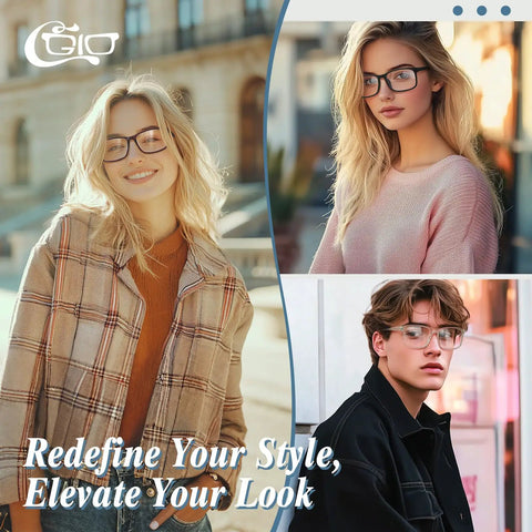 Collage of three models wearing Fake Glasses With Clear Lenses Non Prescription Retro Rectangular Frames UV400 Protection.