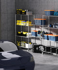 Built Like A Tank 6 Tier Wire Shelving Unit, 6000 Lbs Heavy Duty Metal Storage Rack holding power tools and storage bins in garage.