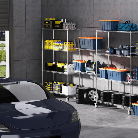Built Like A Tank 6 Tier Wire Shelving Unit, 6000 Lbs Heavy Duty Metal Storage Rack holding power tools and storage bins in garage.