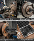 Wheel Hub Resurfacing And Stud Cleaning Kit For Quick Rust Removal On Lug Nuts And Brake Rotors Fits Half Inch Wrenches And Electric Drills Eight Piece Automotive Tool Set For Cars And Trucks Heavy Duty Rust Buster being used on car components and displayed in a case.