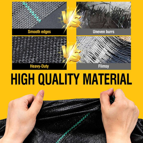 Comparison of 3ftx50ft Heavy Duty Weed Barrier Landscape Fabric showing smooth edges and durability against a flimsy competitor