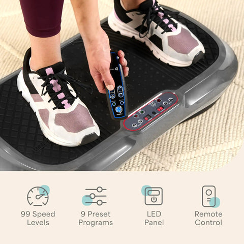Waver Vibration Plate Exercise Machine with High Intensity Full Body Vibration for Muscle Activation, user adjusting remote control