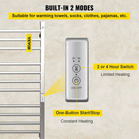 Close-up of control panel on 12 Bar Heated Towel Rack In Mirror Polished Stainless Steel Electric Towel Warmer With Built In Timer