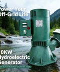 10KW Hydroelectric Water Turbine Generator With Pelton Turbine And Auto Voltage Regulation For Home Farm Off Grid Use 220V Reliable Renewable Power System in a natural river setting with trees and mountains in background.