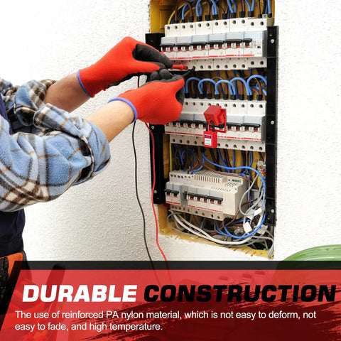 Technician using Lockout Tagout Kit With Twelve Piece Single Pole Breaker Lockout Devices Nylon Clamp On Lockout Locks for safe electrical panel lockouts. Durable nylon construction.