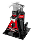 Powerbuilt 3-ton all-in-one hydraulic bottle jack with integrated jackstand, front view, wide base
