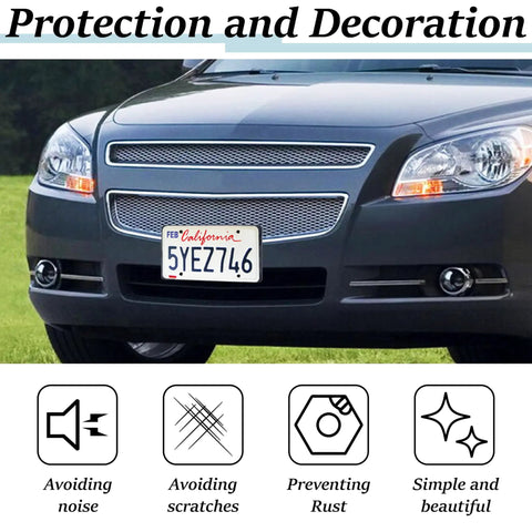 Front of car with no drill front license plate bracket mount for bumpers and grilles with stainless steel tie kit displayed.