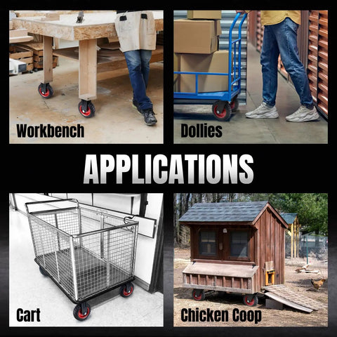 Applications of 6 Inch Fixed Plate Caster Wheels With Rugged Rubber Knobby Tread for workbenches, dollies, carts, and chicken coops.
