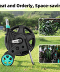 Heavy Duty Metal Garden Hose Reel Cart for Outside Use with adjustable armrests and two wheels on grass