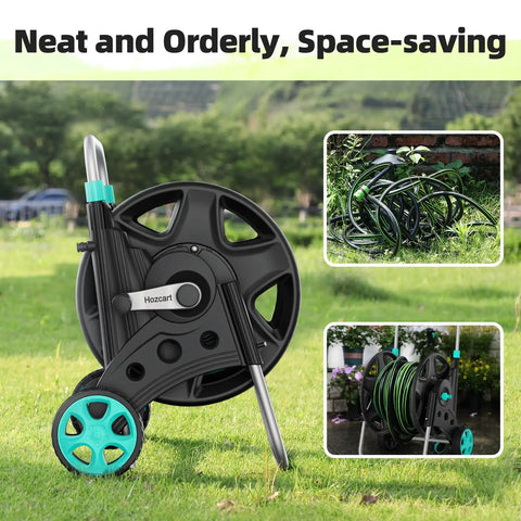 Heavy Duty Metal Garden Hose Reel Cart for Outside Use with adjustable armrests and two wheels on grass