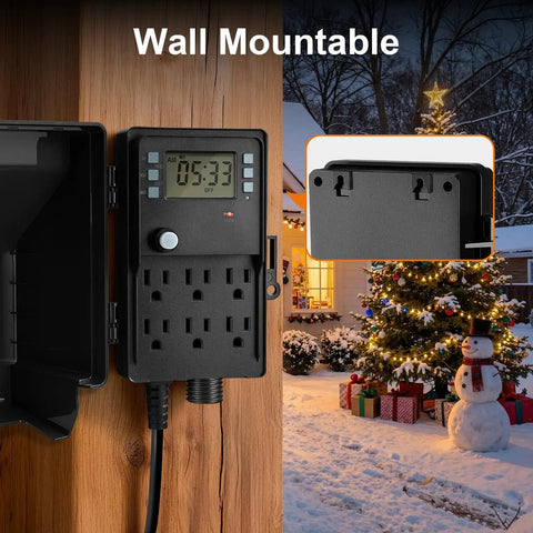 Heavy Duty Outdoor Power Stake With 7 Day Programmable Digital Timer For Landscape Lighting And Yard Systems, wall mountable with multiple outlets.
