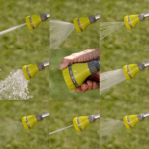 Montage of 8 spray patterns from 15 Inch Watering Wand With 8 Spray Patterns And Thumb Control For Reaching Hanging Baskets And Deep Beds