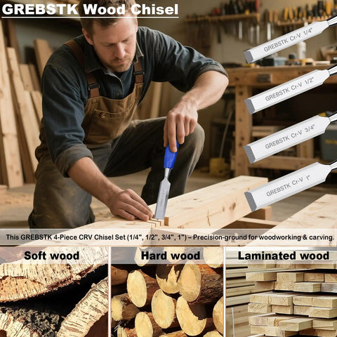 Kickass Four Piece Wood Chisel Set Built From Heavy Duty Chrome Vanadium Steel For Hella Sharp Cutting Through Hardwood And Softwood in workshop.