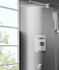 9 Inch Rain Shower Head With Handheld System Dual Shower Combo in chrome finish on gray tiled wall near a window.