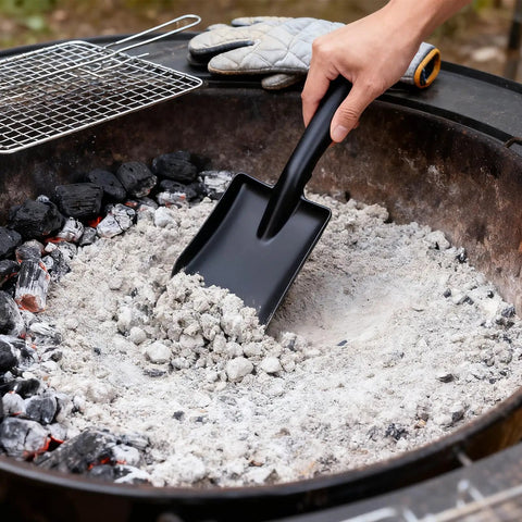 Black Steel Ash Shovel With Leather Strap For Fireplace BBQ And Charcoal Cleanup scooping ash in fire pit