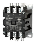 Front view of 3 Pole 40 Amp 120V Contactor For HVAC Systems, UL Listed DP Contactor with wiring labels and mounting base.