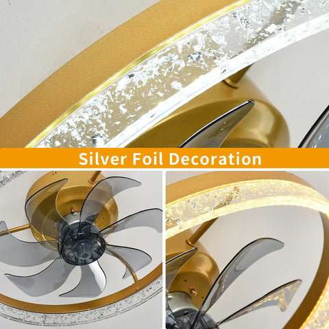 Gold Modern Ceiling Fan With Light 20 Inch High Light Transmittance Quiet Safe Motor Flush Mount Light Fixture With Remote Easy To Install Perfect For Kids Room And Small Living Spaces, showing silver foil decoration on blades.