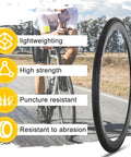 Cyclist on road beside 700x25c Road Bike Tire With Inner Tube And Tire Levers Ride Ready Foldable Replacement Tire with features.