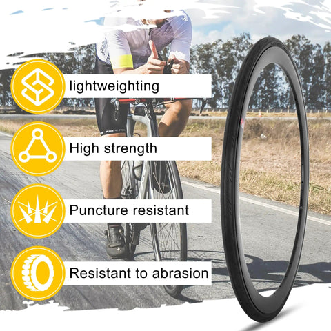 Cyclist on road beside 700x25c Road Bike Tire With Inner Tube And Tire Levers Ride Ready Foldable Replacement Tire with features.